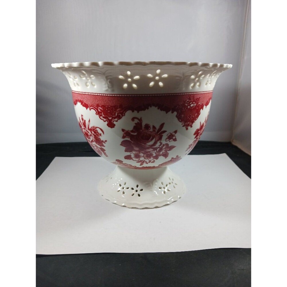 Vintage FTD Ceramic Bowl Red White Fruits Storage